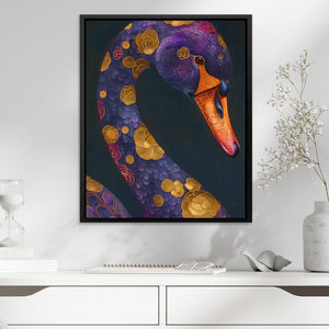 a painting of a purple and orange swan