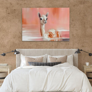 a painting of a baby deer on a wall above a bed