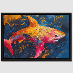 a painting of a yellow and pink shark