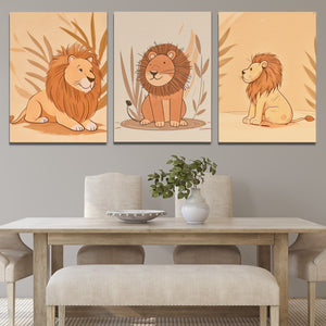 a dining room table with two paintings of lions on the wall