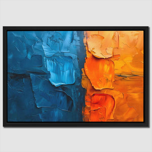 an abstract painting of blue, orange and yellow