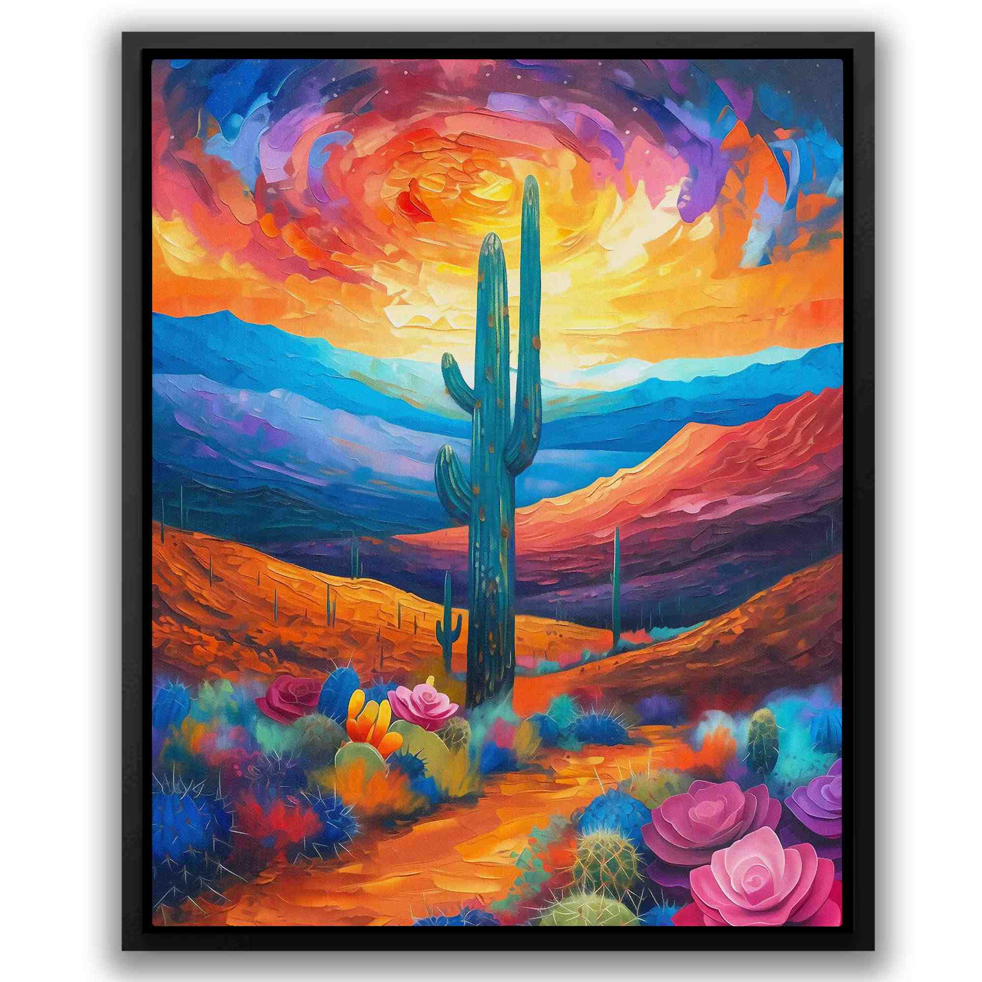 a painting of a desert scene with a cactus in the foreground