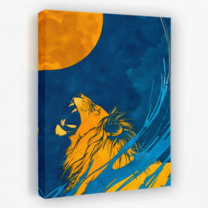 a painting of a lion on a blue and yellow background