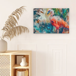 a painting of a flamingo on a white wall