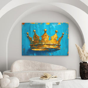 a painting of a gold crown on a blue background