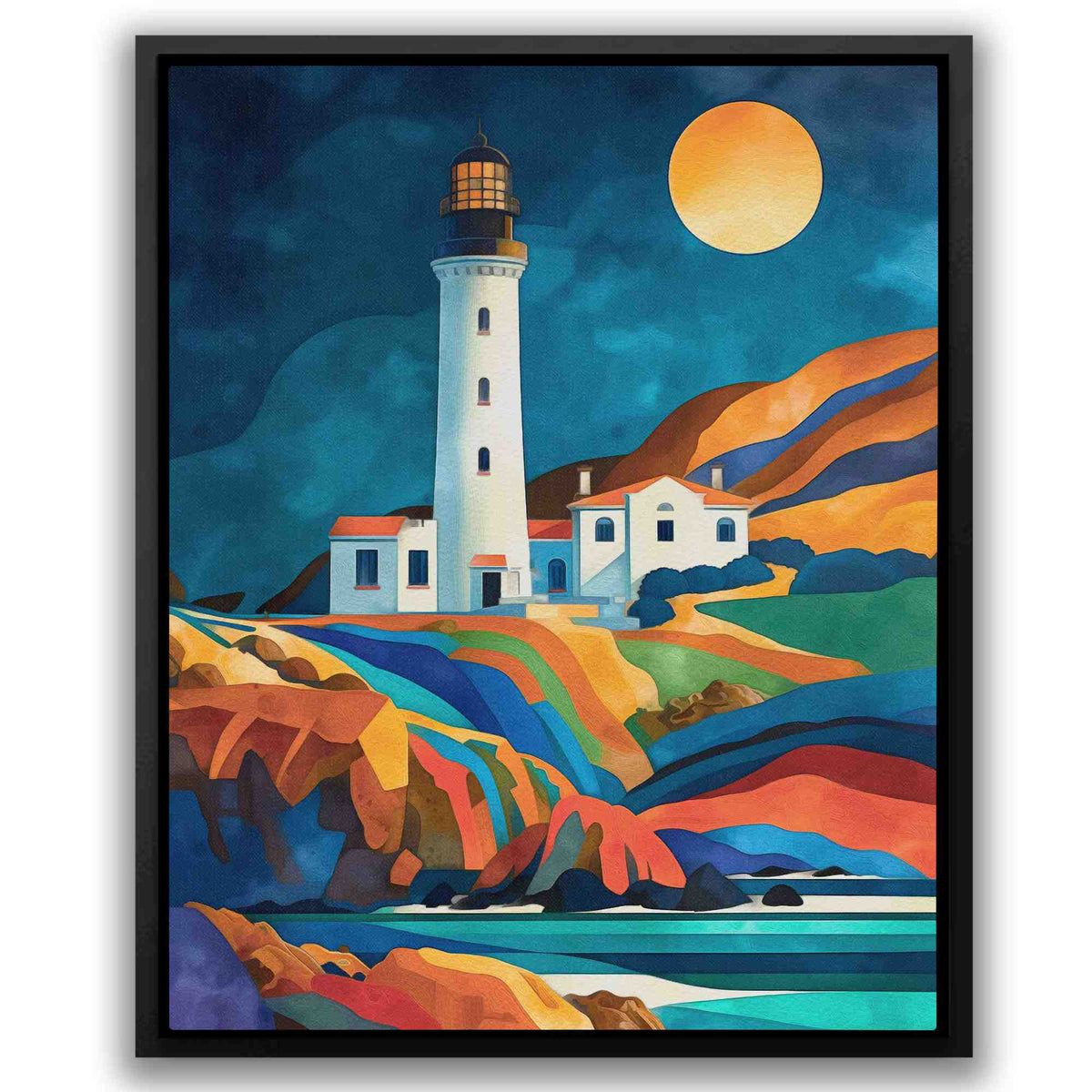 a painting of a lighthouse with a full moon in the background