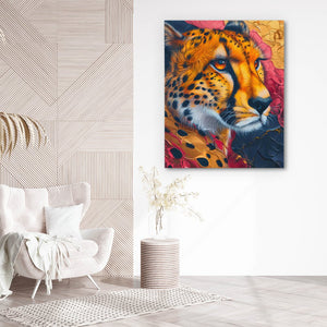 a painting of a cheetah on a wall next to a chair