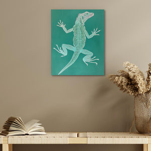 a painting of a lizard on a green background