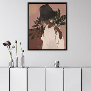 a picture of a woman with a hat and flowers