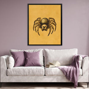 a living room with a couch and a painting of a spider on the wall