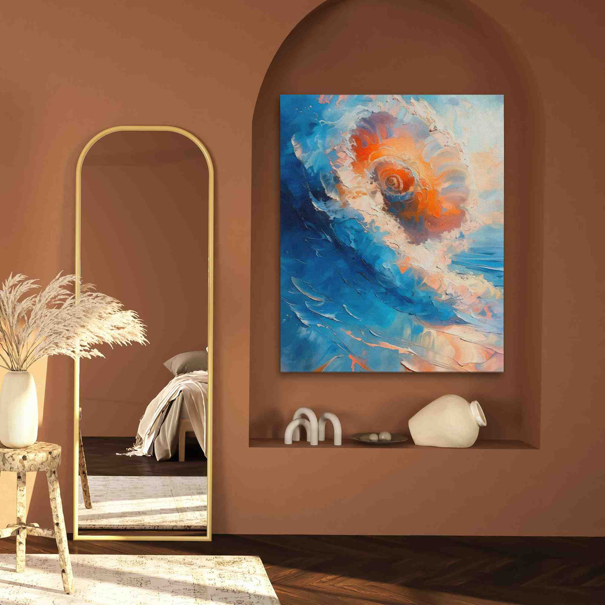 a painting hanging on a wall next to a mirror