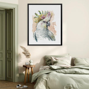 a painting of a parrot on a wall above a bed