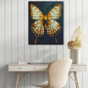 a painting of a butterfly on a wall above a desk