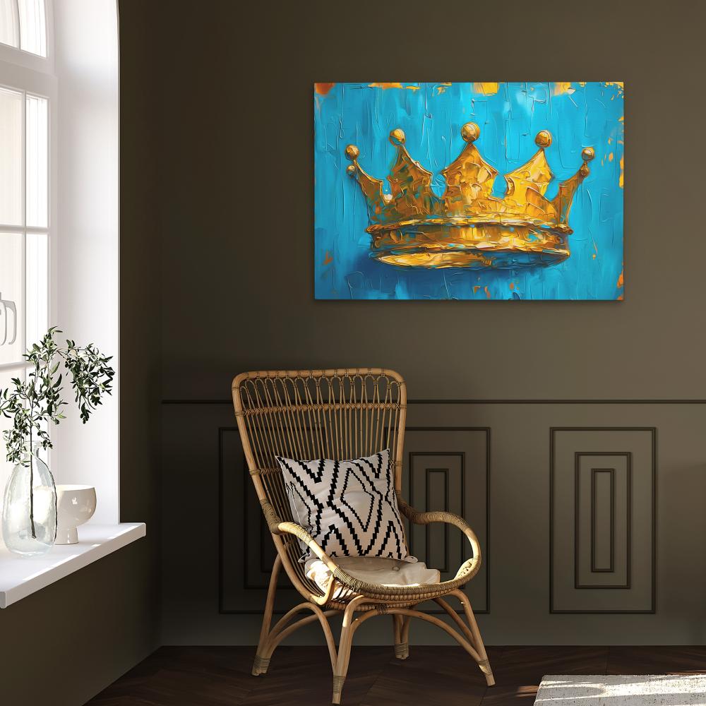 a painting of a gold crown on a blue background