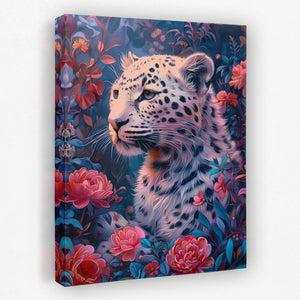 a painting of a white leopard surrounded by flowers