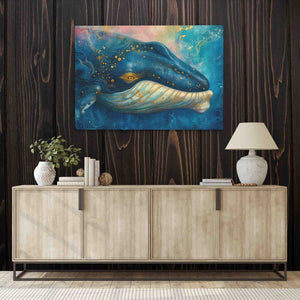 a painting of a whale on a wooden wall