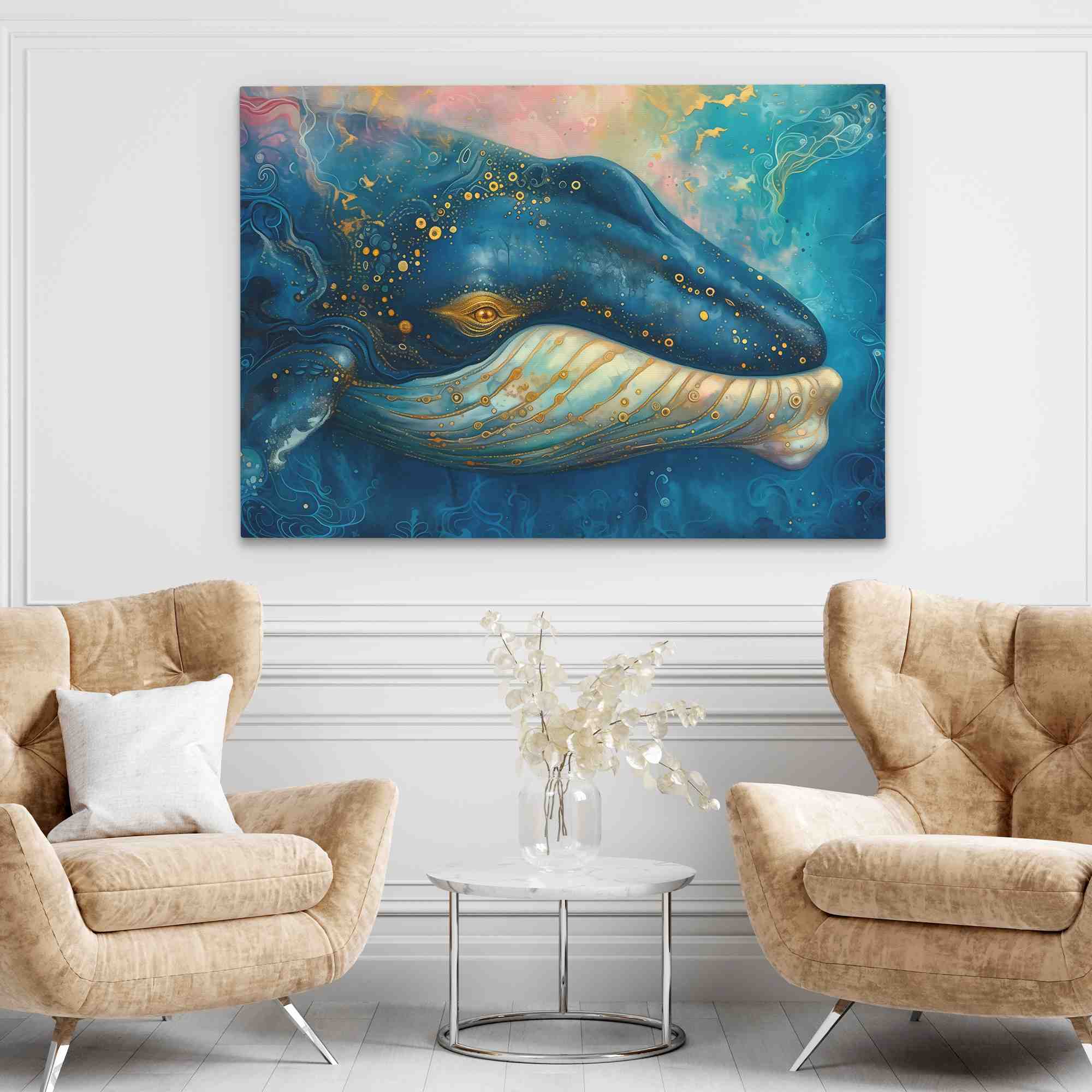 a painting of a blue whale with gold accents
