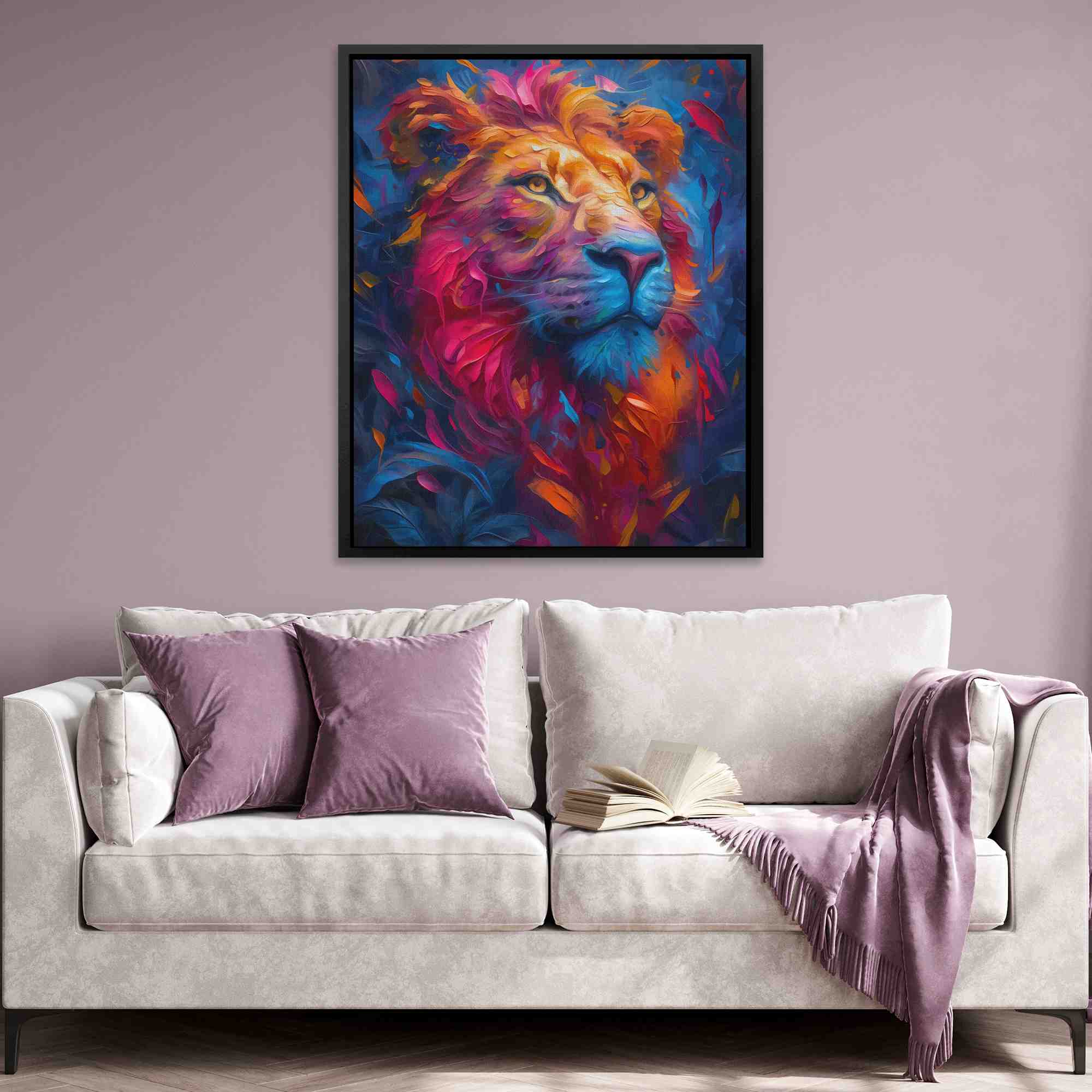 a colorful painting of a lion on a white wall
