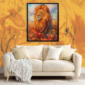 a living room with a couch and a painting of a lion