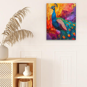 a painting of a peacock on a white wall