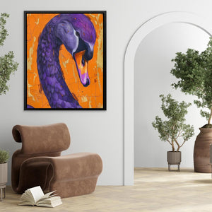 a painting of a purple bird with an orange background