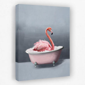 a painting of a pink flamingo in a bathtub