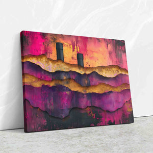 a painting on a wall of a purple and yellow landscape