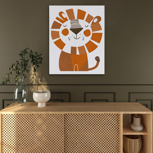 a picture of a lion on a wall above a cabinet