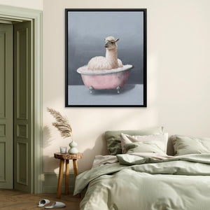 a painting of a llama in a pink bathtub