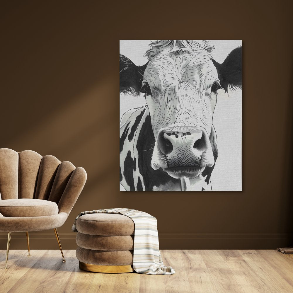 a black and white drawing of a cow's face