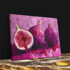 a painting of two figs on a purple background