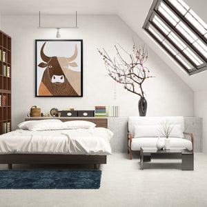 a bedroom with a bed, a couch and a book shelf