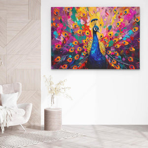 a painting of a peacock in a white room