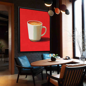 a painting of a cup of coffee on a red background