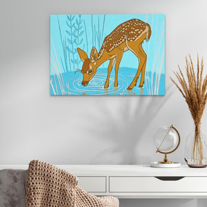 a painting of a deer drinking water from a pond