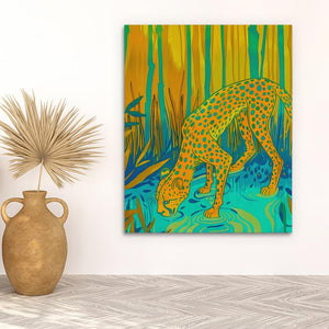 a painting of a leopard drinking water in a room