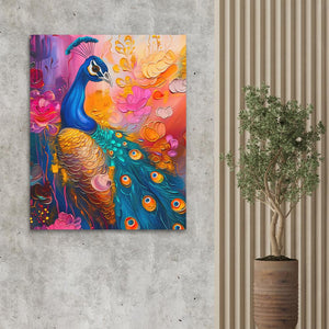 a painting of a peacock on a wall next to a potted plant