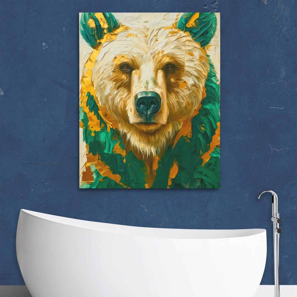 a painting of a bear with green leaves