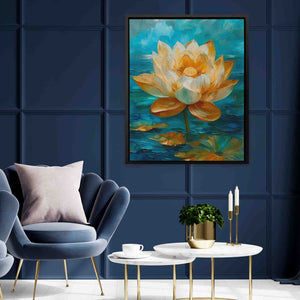 a living room with blue walls and a painting on the wall