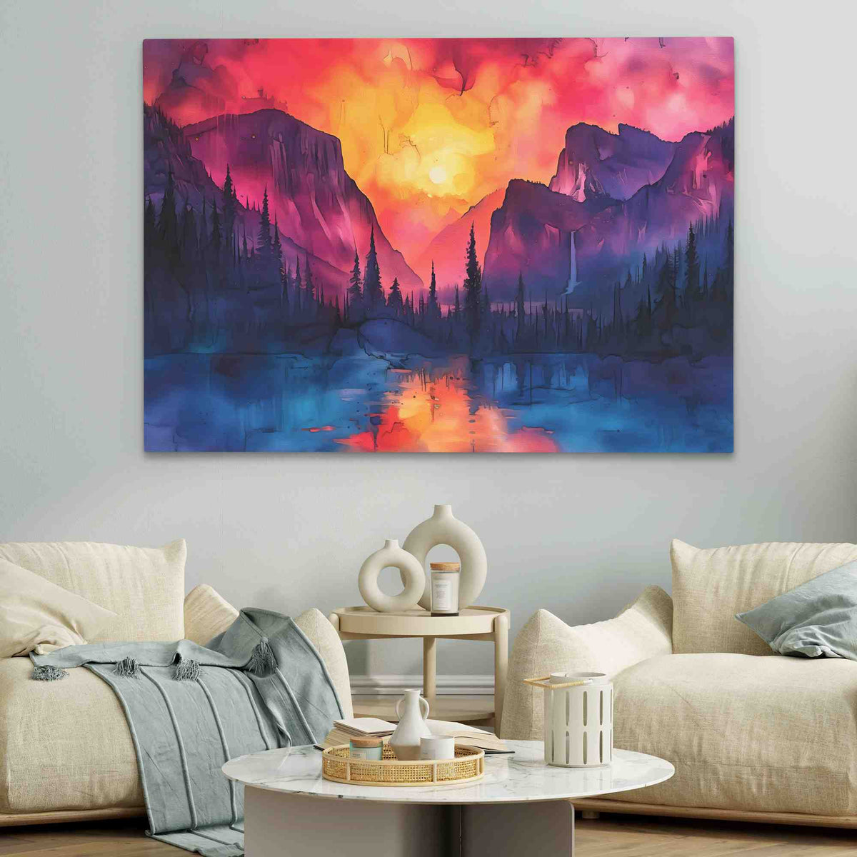 a living room with two couches and a painting on the wall