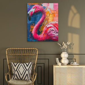 a painting of a pink flamingo in a living room