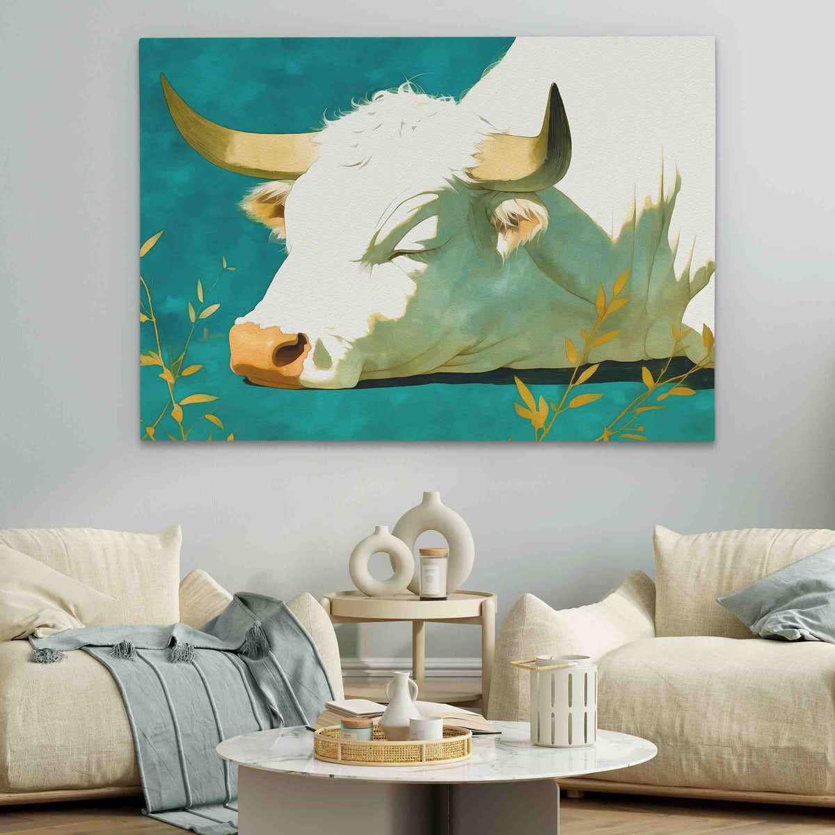 a painting of a cow in a living room