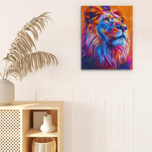 a painting of a lion on a wall next to a potted plant