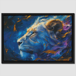 a painting of a lion with a blue background