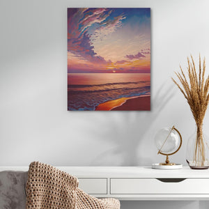 a painting of a sunset over the ocean