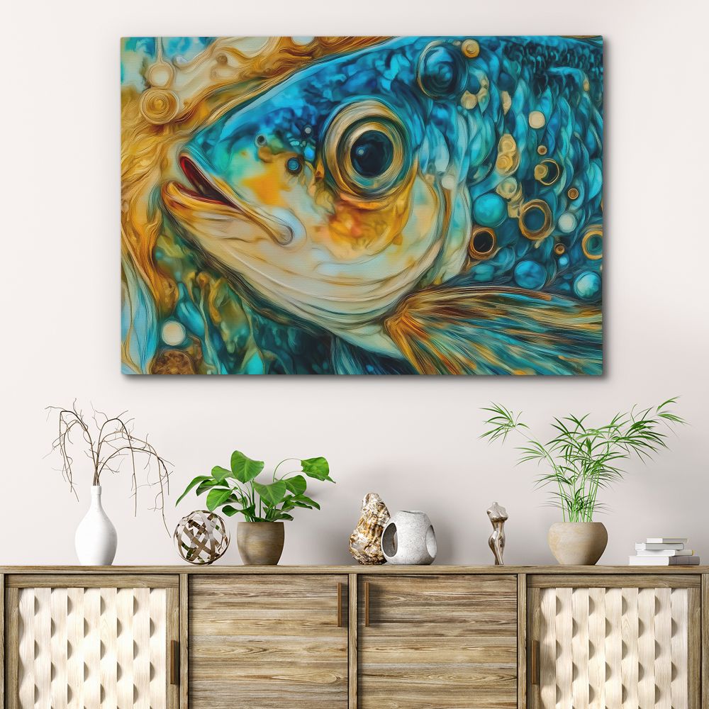 a painting of a fish on a white wall