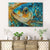 a painting of a fish on a wall above a dresser