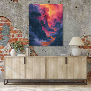 a painting hanging on a wall next to a sideboard