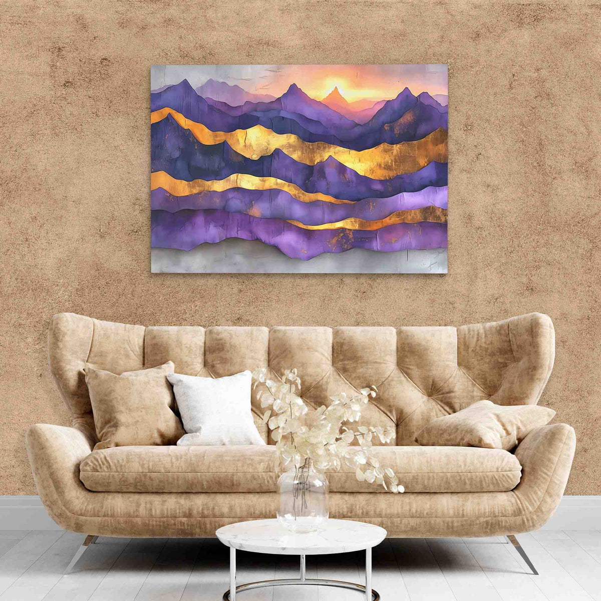 a living room with a couch and a painting on the wall