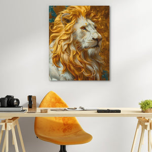 a painting of a lion on a wall above a desk